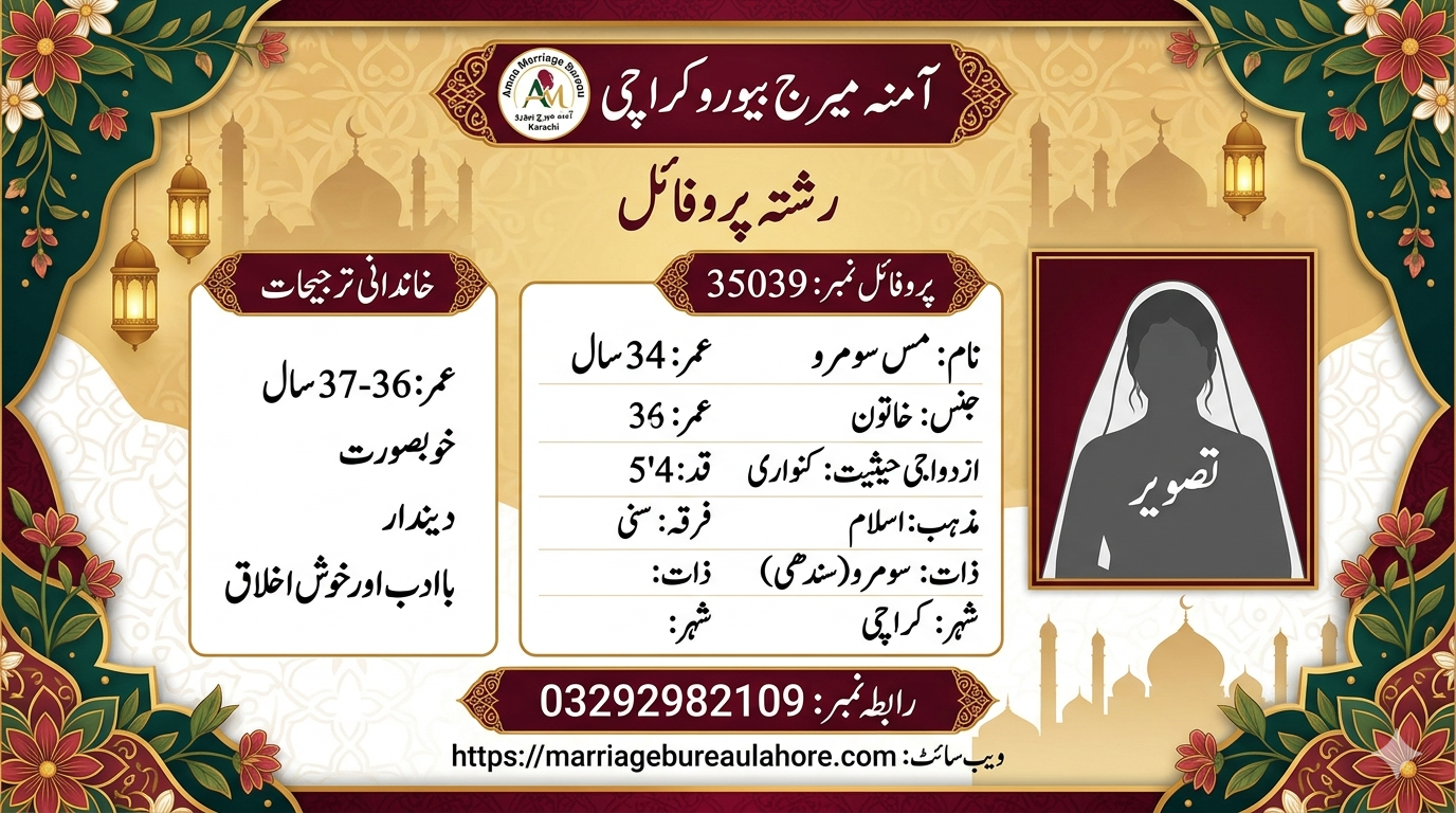 Trusted Masters in Islamiyat Female Rishta Karachi – Educated Sunni Soomro Family Profile No. 35039